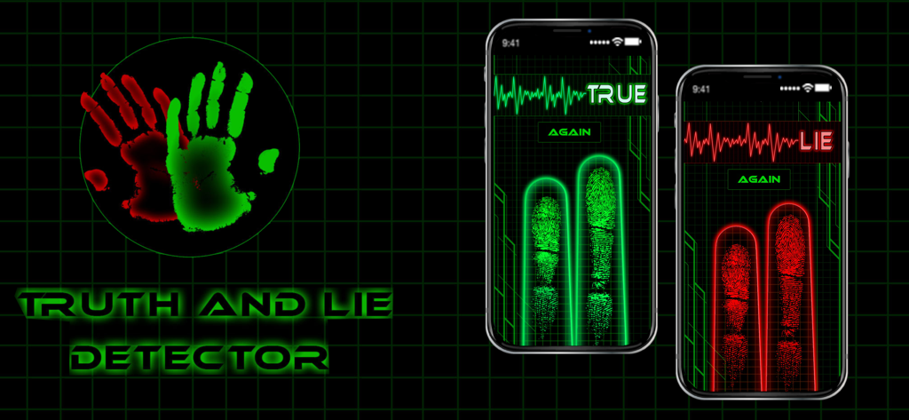 Truth and Lie Detector - - Banner do aplicativo Detector de Verdade e Mentira com resultados de escaneamento de impressão digital para resultados verdadeiros e falsos