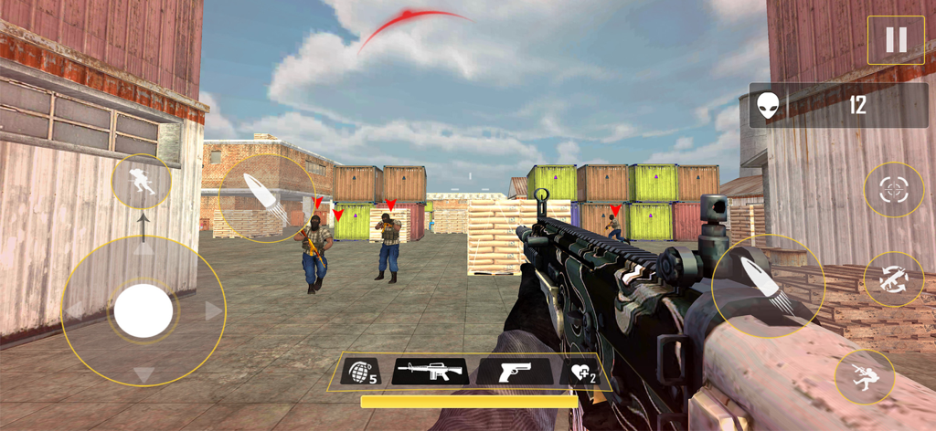 First person view of a commando shooting game mission in an industrial shipping yard