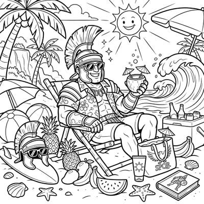 Imagine a Praetorian Guard trading his armor for a Hawaiian shirt on a sunny beach! This delightful coloring page brings a unique twist to Roman history, blending ancient military might with modern summer relaxation.