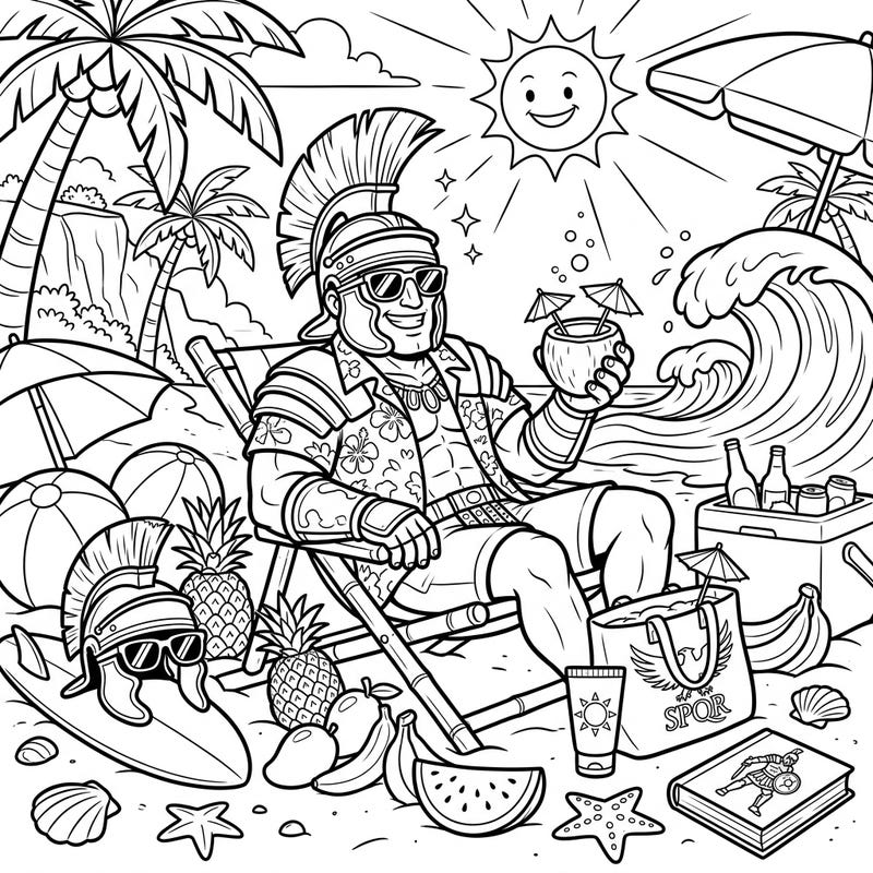 Imagine a Praetorian Guard trading his armor for a Hawaiian shirt on a sunny beach! This delightful coloring page brings a unique twist to Roman history, blending ancient military might with modern summer relaxation.