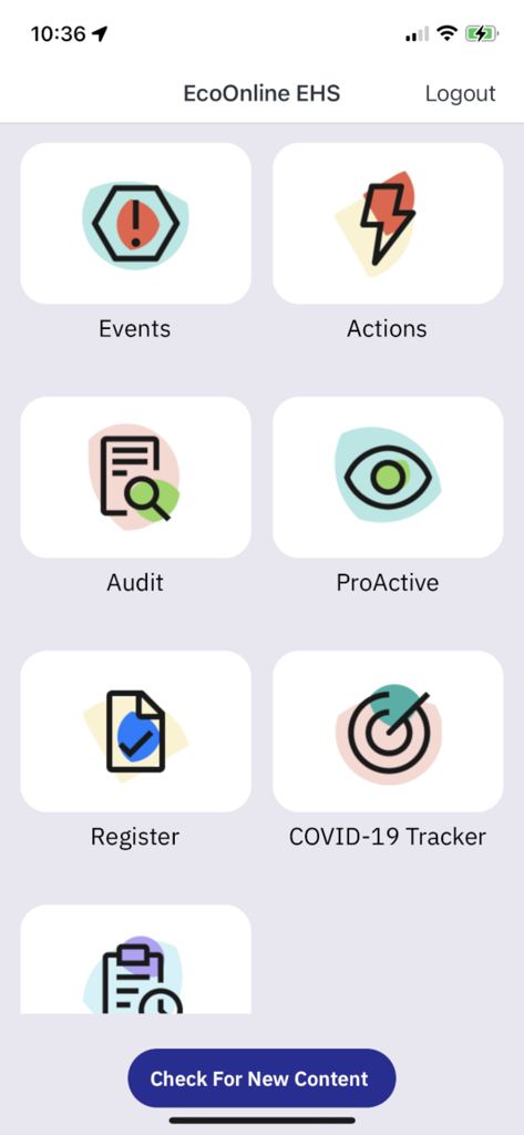 EcoOnline EHS Mobile App - The main dashboard of the EcoOnline EHS mobile app featuring icons for events, actions, audits, and proactive reports.