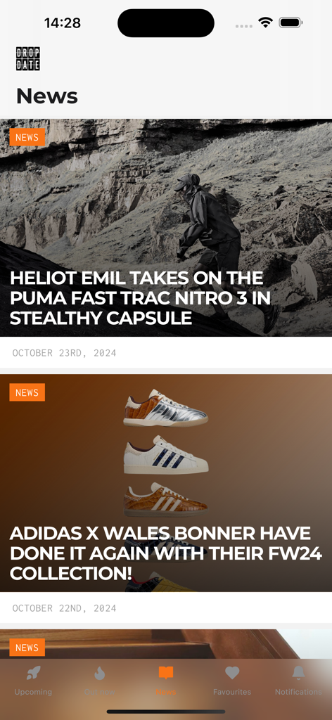 A tela de notícias do aplicativo The Drop Date exibindo artigos sobre as últimas colaborações de tênis da Puma e Adidas.