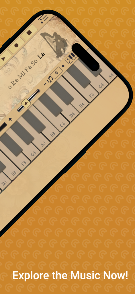 Harp Sim - A smartphone displaying the Harp Sim music app with a vintage keyboard interface and note labels.