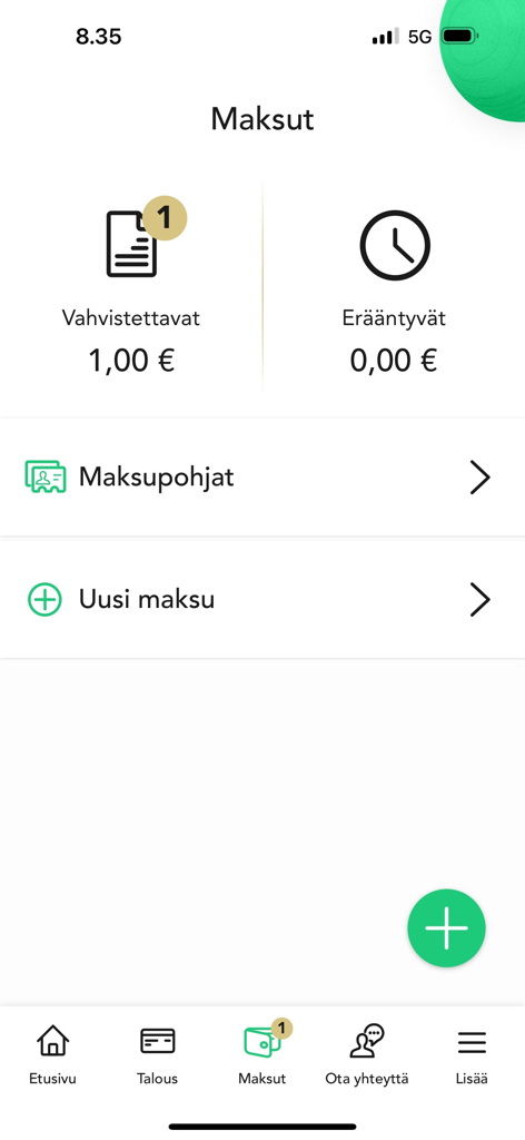 Écran de paiement de l'application OmaMobiili affichant les transactions en attente et les options pour les nouveaux paiements et les modèles