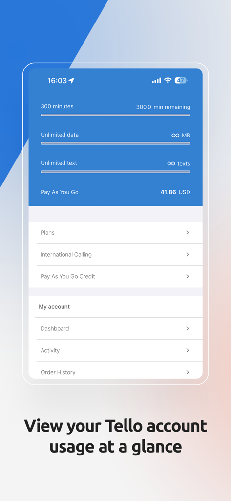 Panel de control de la aplicación My Tello que muestra el saldo de consumo del plan móvil y la configuración de la cuenta.
