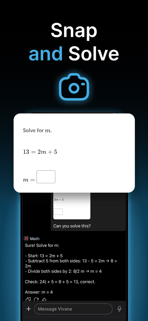 Una pantalla de móvil mostrando la aplicación Vivana AI resolviendo un problema matemático paso a paso utilizando la función de cámara Snap and Solve.