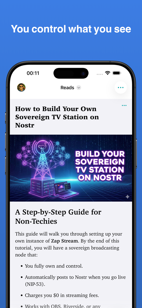 Nostur - Nostr client - A smartphone displaying an article on the Nostur app titled How to Build Your Own Sovereign TV Station on Nostr with a guide for non-techies.