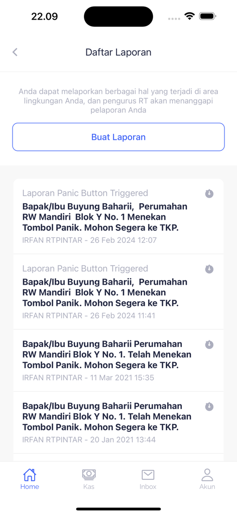 RTPINTAR - List of emergency panic button reports and a create report button in the RTPINTAR community management app.