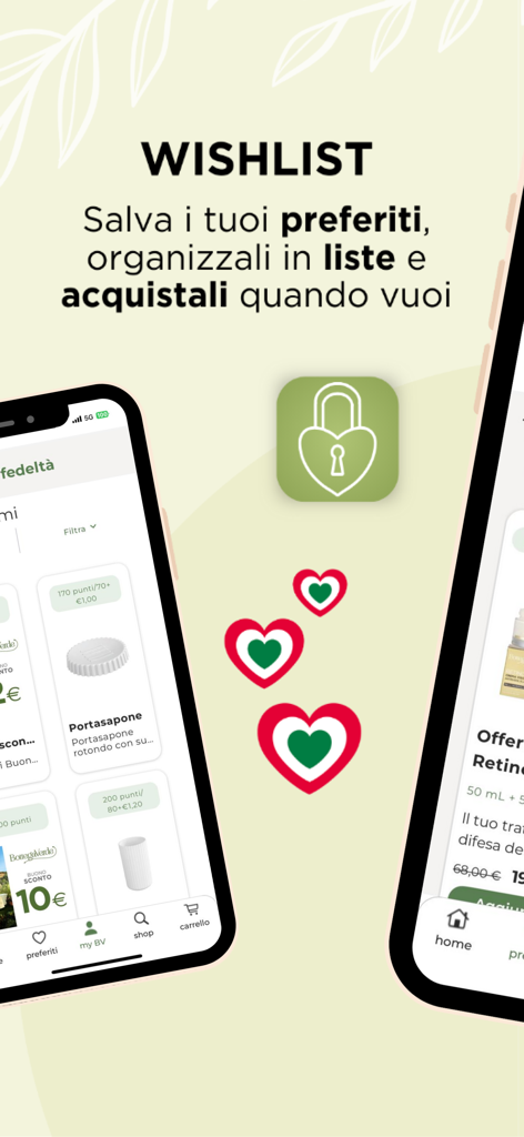 Pantalla de lista de deseos de la app Bottega Verde mostrando listas de productos de belleza y recompensas de fidelidad en un dispositivo móvil