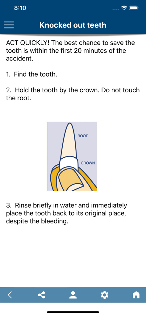 ToothSOS app screen showing emergency instructions for a knocked out tooth