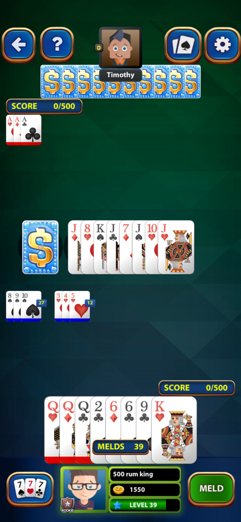 Rummy 500 Classic Card Game - Gameplay screen of Rummy 500 showing a player hand and AI opponent in a classic card game layout