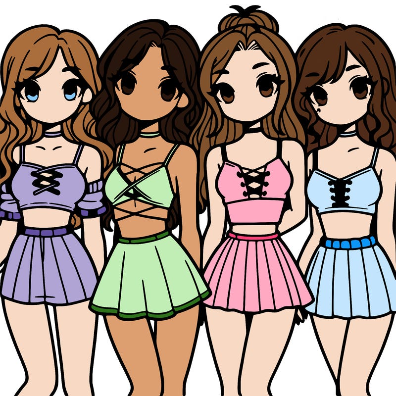 four girls with crop tops and skirts