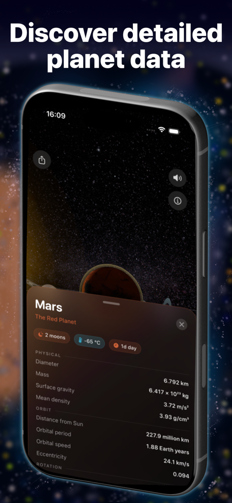 Planetarium 3D - A mobile screenshot of the Planetarium 3D app showing scientific facts and orbital data for Mars