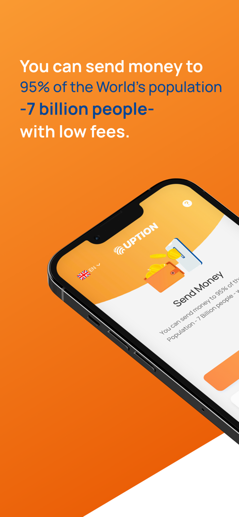 UPTION Para Transferi - UPTION mobile app interface showing global money transfer to seven billion people with low fees