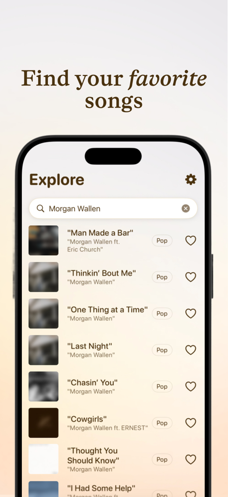 Pantalla de exploración de la aplicación Strum mostrando una búsqueda de canciones de Morgan Wallen.