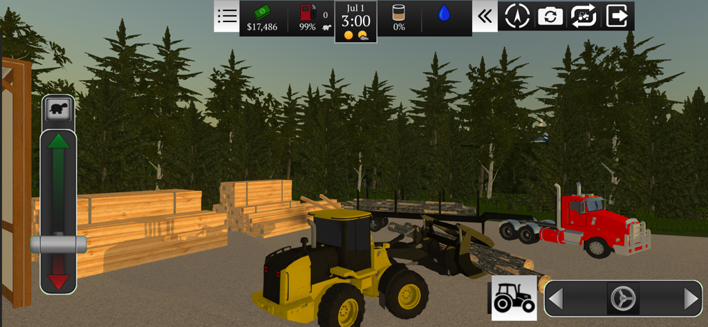 A yellow log loader lifting a log next to a red semi-truck in a forestry simulation