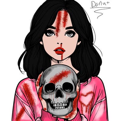 realistic girl holding a skull