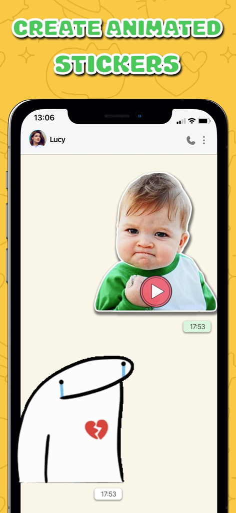 AI Sticker Maker - Funny Memes - Smartphone screen showcasing the creation and use of animated meme stickers in a chat app