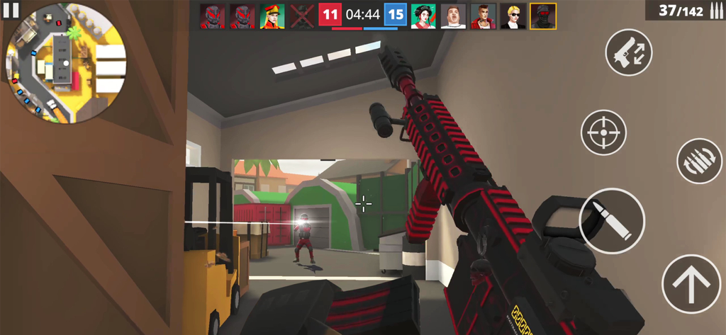 POLYWAR: 3D FPS online shooter - First person perspective of POLYWAR online shooter gameplay featuring a customized assault rifle in a low poly environment