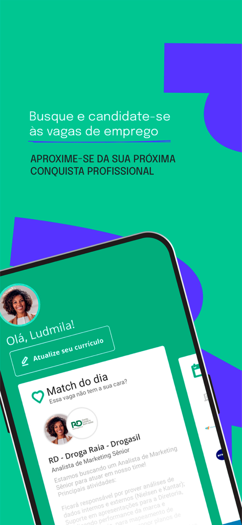 Vagas de Emprego - Vagas.com - Tela inicial do app Vagas de Emprego mostrando uma recomendação de match de vaga diário para um analista de marketing