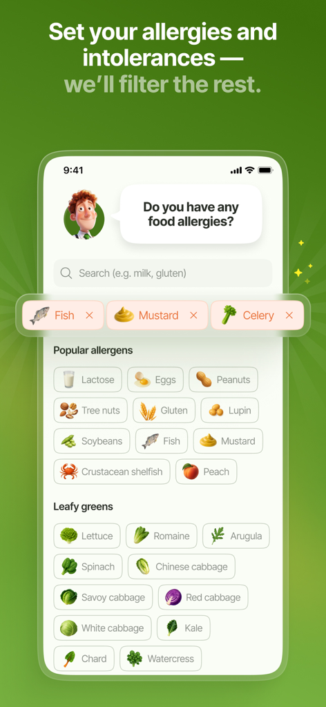 Thomas AI: Eat Smart & Healthy - Thomas AI app interface for selecting food allergies and dietary intolerances with popular allergen filters like lactose and gluten.