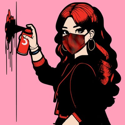 realistic girl with mask spray painting a wall