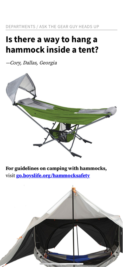 Scout Life Magazine - Scout Life Magazine article about hanging a hammock inside a tent with camping gear images