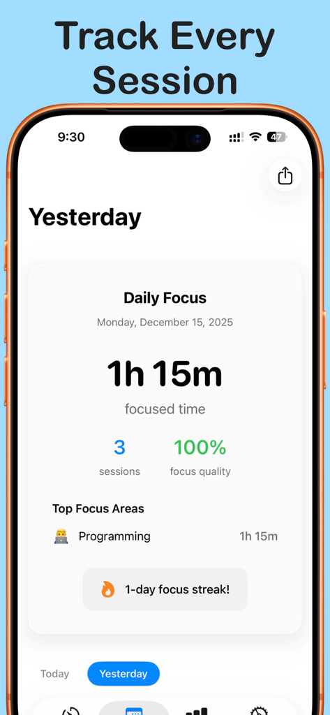 Focus Lock : Pomodoro Timer - Focus Lock app interface showing daily focus time summary with sessions focus quality and streak count