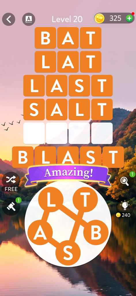 Zen Spell - Word Puzzle - Zen Spell Word Puzzle mobile game interface showing a word grid and a serene autumn landscape background