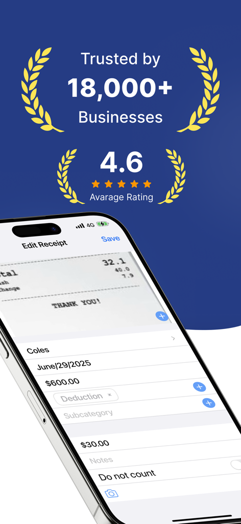 Receipt Tracker - Tax Return - Mobile app screenshot showing high user rating and receipt editing tool for tax deductions