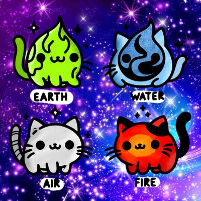 4 cats that represent the different elements, earth, water, air, and fire