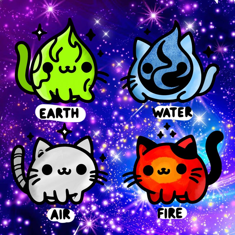 4 cats that represent the different elements, earth, water, air, and fire