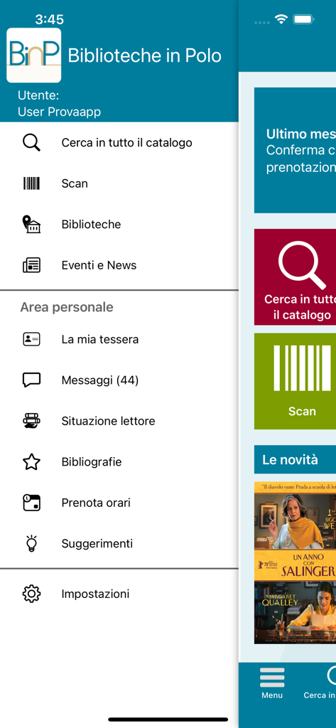 BinP - Menú lateral de la aplicación de biblioteca BinP que muestra opciones de búsqueda de catálogo y cuenta personal.