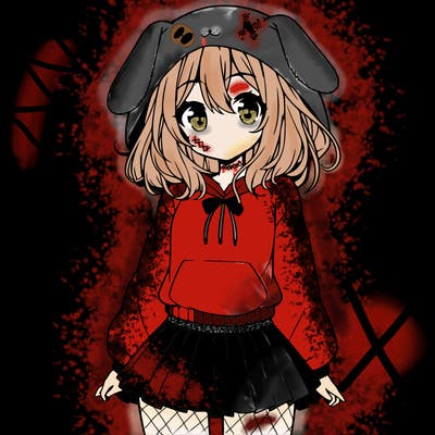 pretty anime girl wearing a fluffy hoodie with bunny ears on the hood and a skirt