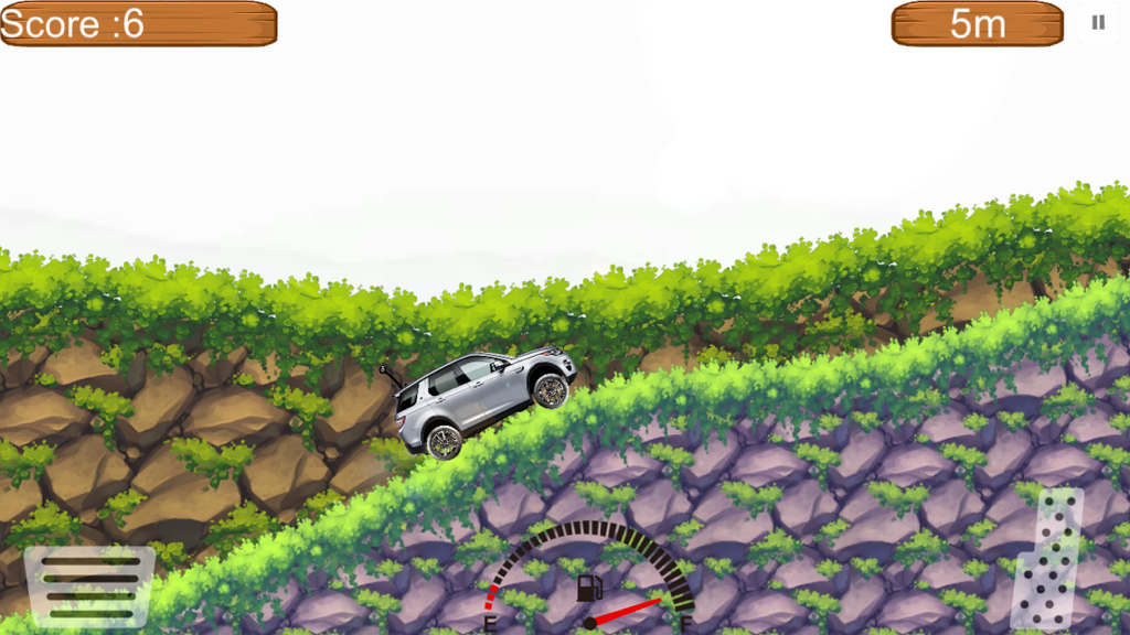 A silver 4x4 SUV driving up a grassy mountain in a 2D racing game