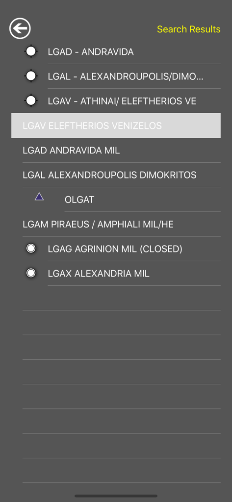 Aviation search results for airports and military zones in the notams aero app