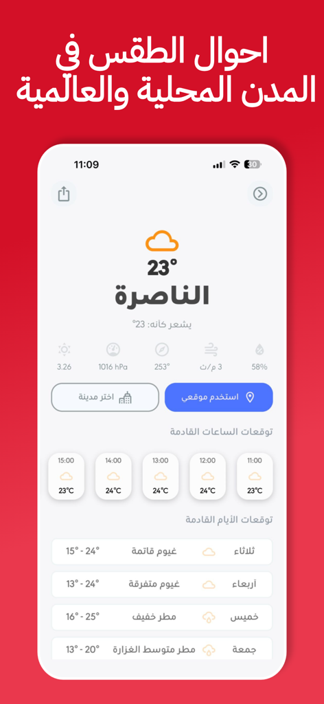 Wettervorhersage-Bildschirm der Kul al-Arab Mobile App, die lokales und internationales Wetter auf Arabisch anzeigt.