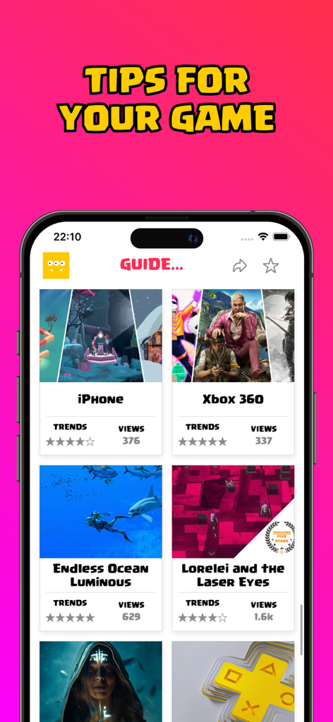 Mini Games - Game Pack - App screen displaying a variety of game guides and tips for different platforms and titles