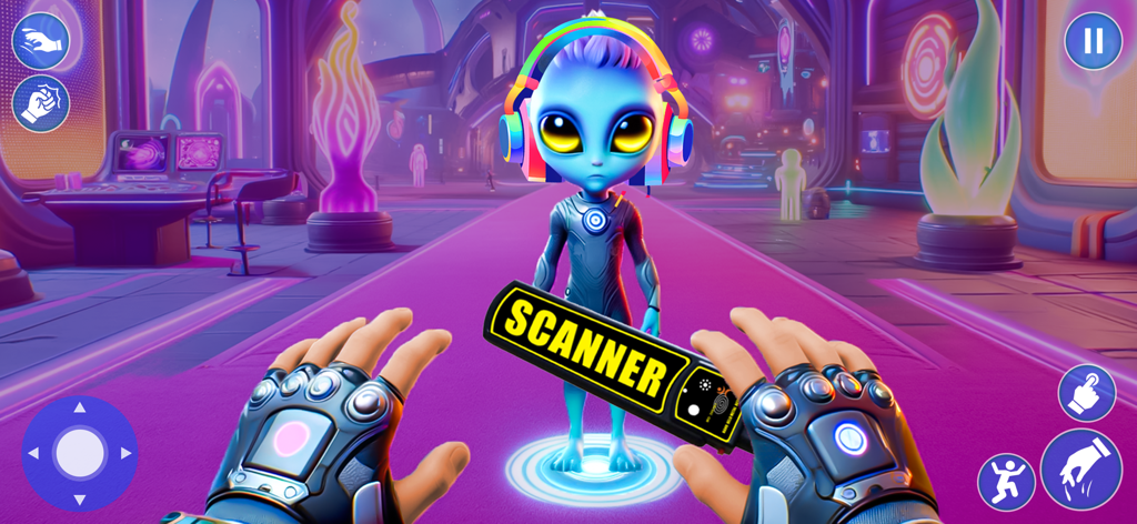Space Security: Alien Guard - A security guard using a scanner on a blue alien visitor in a futuristic space station