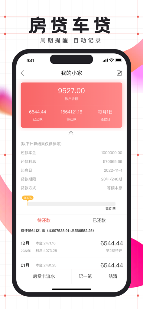Smartphone screen showing a home and car loan management interface with repayment progress and monthly schedules in Chinese.