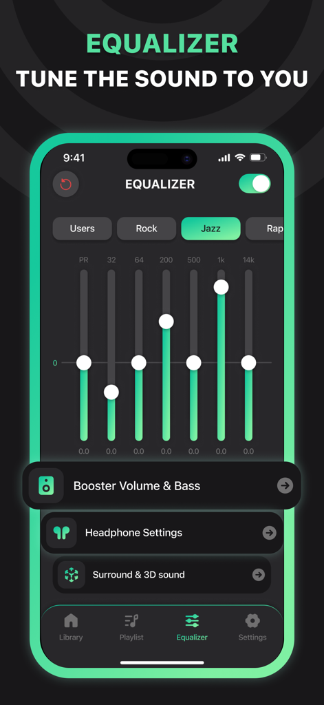 Music Equalizer: Bass Booster! - Interfaz de la aplicación móvil Ecualizador de Música con deslizadores de ajuste de frecuencia y presets de audio como Jazz y Rock.