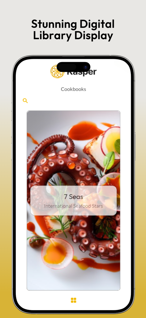 Kasper AI Master Private Chef - Pantalla de la biblioteca de libros de cocina digitales de la aplicación Kasper AI mostrando recetas internacionales de mariscos