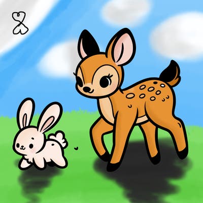 a fawn walking with a cute bunny