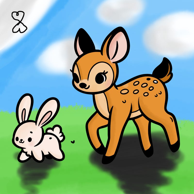 a fawn walking with a cute bunny