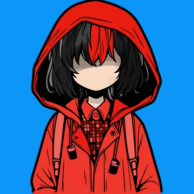 little anime girl in a raincoat her hair is covering her eyes she has a lighter