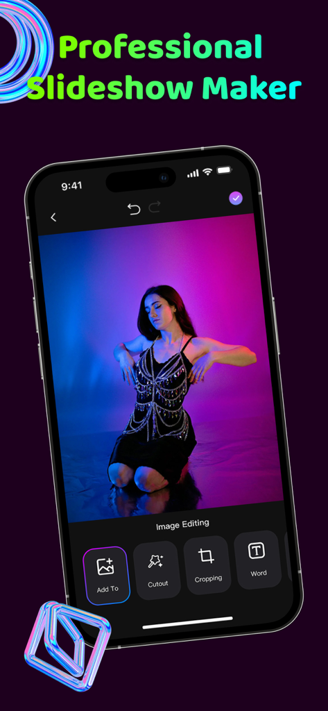 SlideShow: Video Photo Maker - Interfaz de la aplicación SlideDeck que muestra herramientas de edición de imágenes en un teléfono inteligente