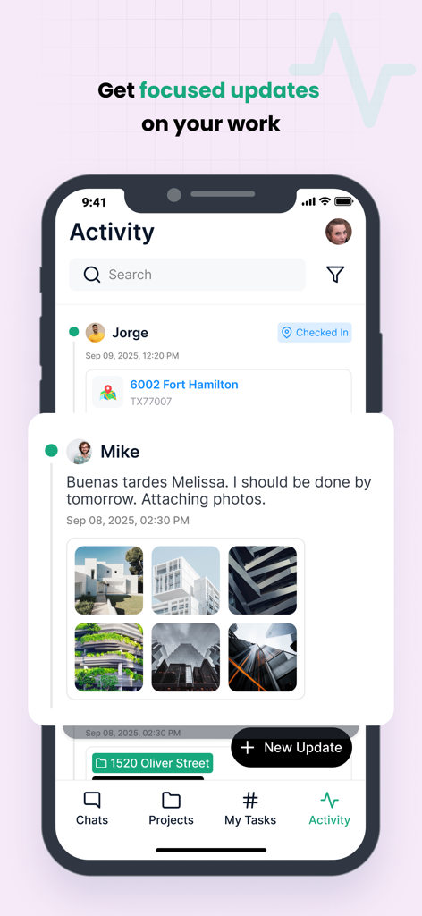 TaskTag: How to project. - TaskTag mobile app Activity screen showing project updates, team messages, and site photos