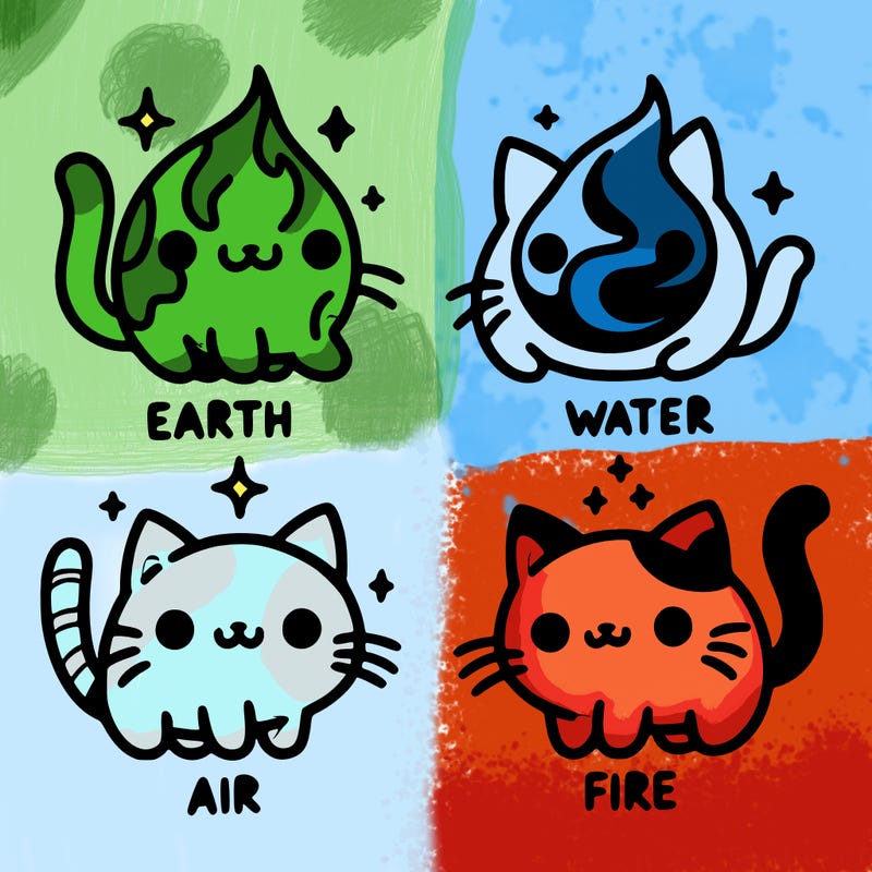 4 cats that represent the different elements, earth, water, air, and fire