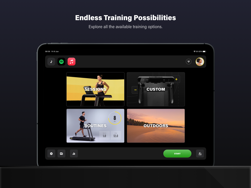 Technogym Live - Technogym Live app dashboard on iPad showing training options including sessions, custom workouts, routines, and outdoors scenery.