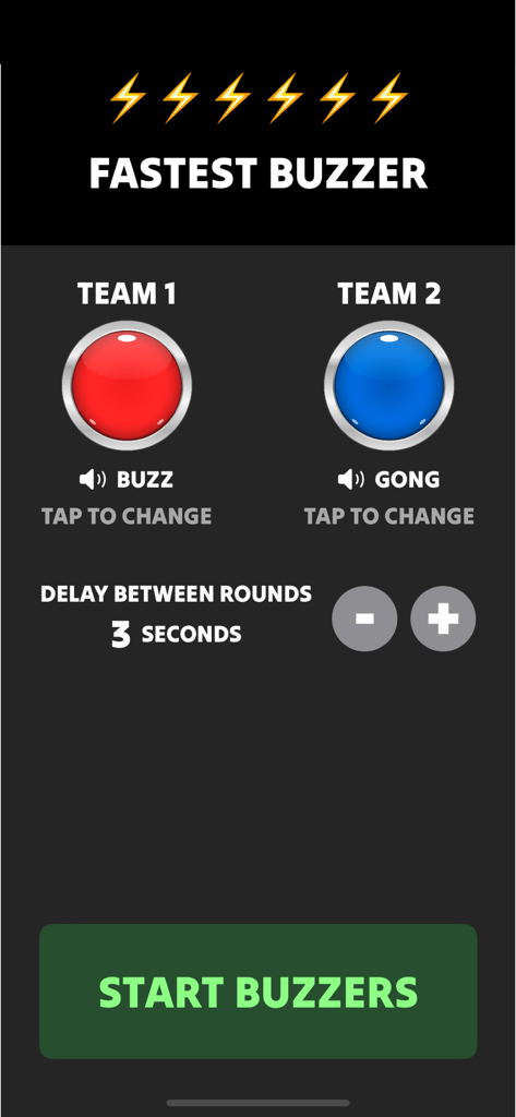 Fastest Buzzer - A screenshot of the Fastest Buzzer app setup screen showing red and blue team buzzer buttons and settings for delay between rounds.